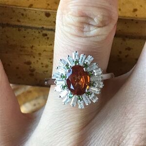 Natural Orange Garnet Moissanite Sterling Silver Ring Size 7
